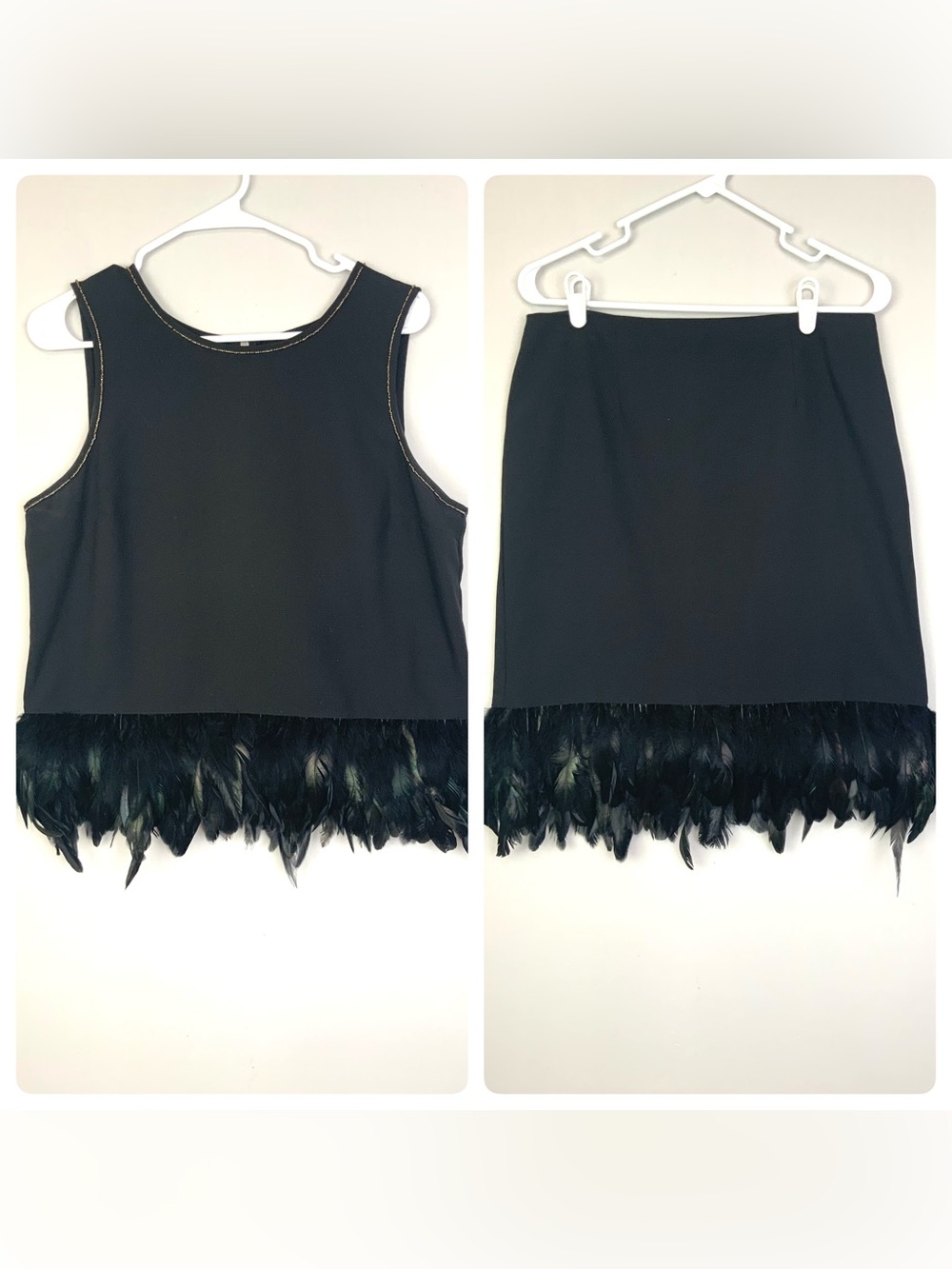 Nicole Miller 8/Large Black Iridescent Feather Beaded Top Skirt Set Outfit Party